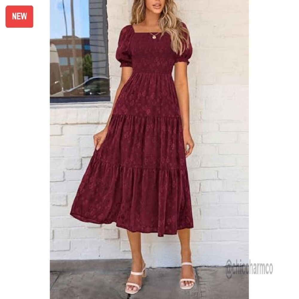 Women's Summer Midi Dress Square Neck Smocked Boho Flowy A-Line - Picture 5 of 8